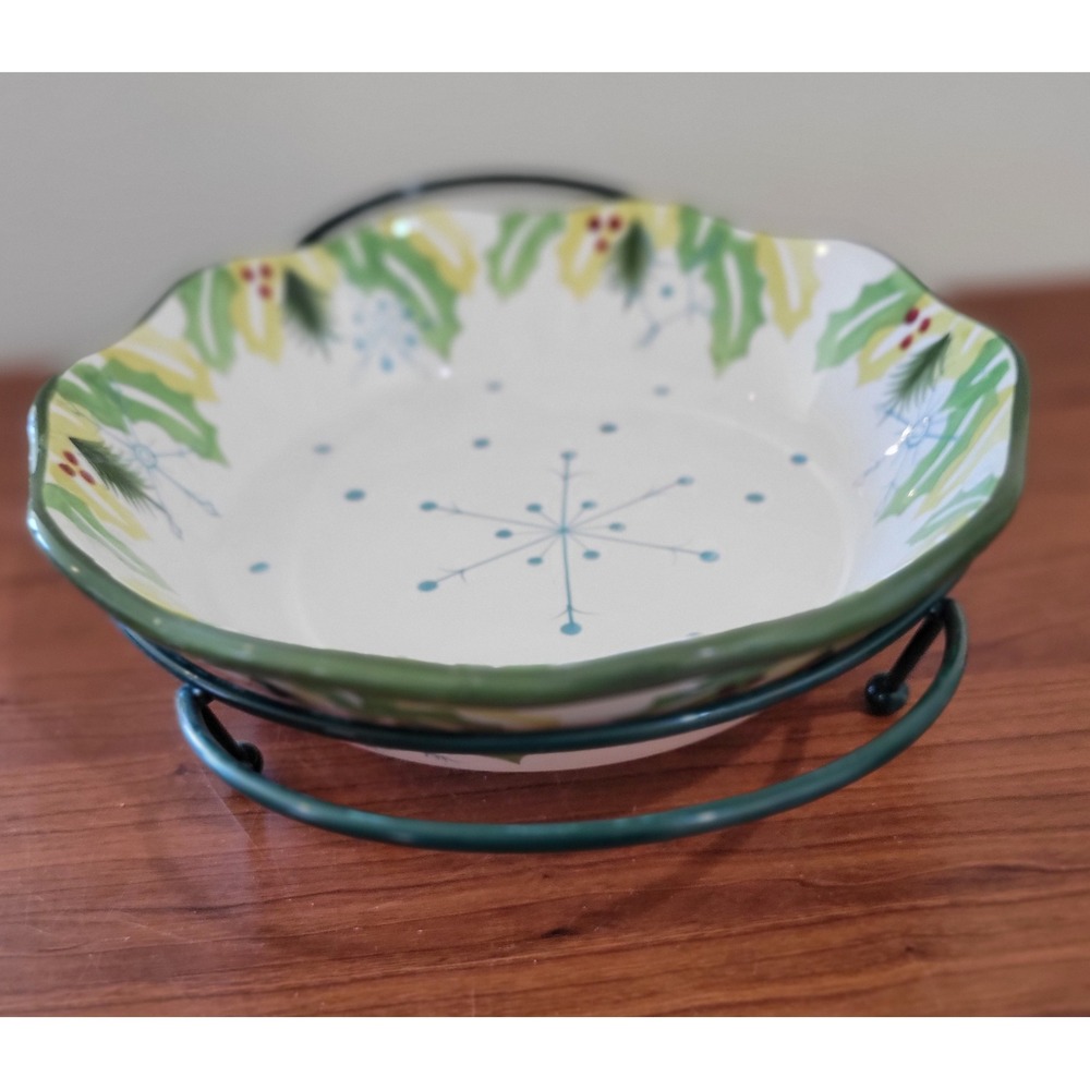 Temp-tations Hometown Christmas 9 Inch Pie Dish with Wire Rack Green Holly Berry